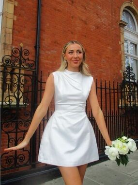 ODD MUSE Satin Straight Neck Mini Dress in White S
